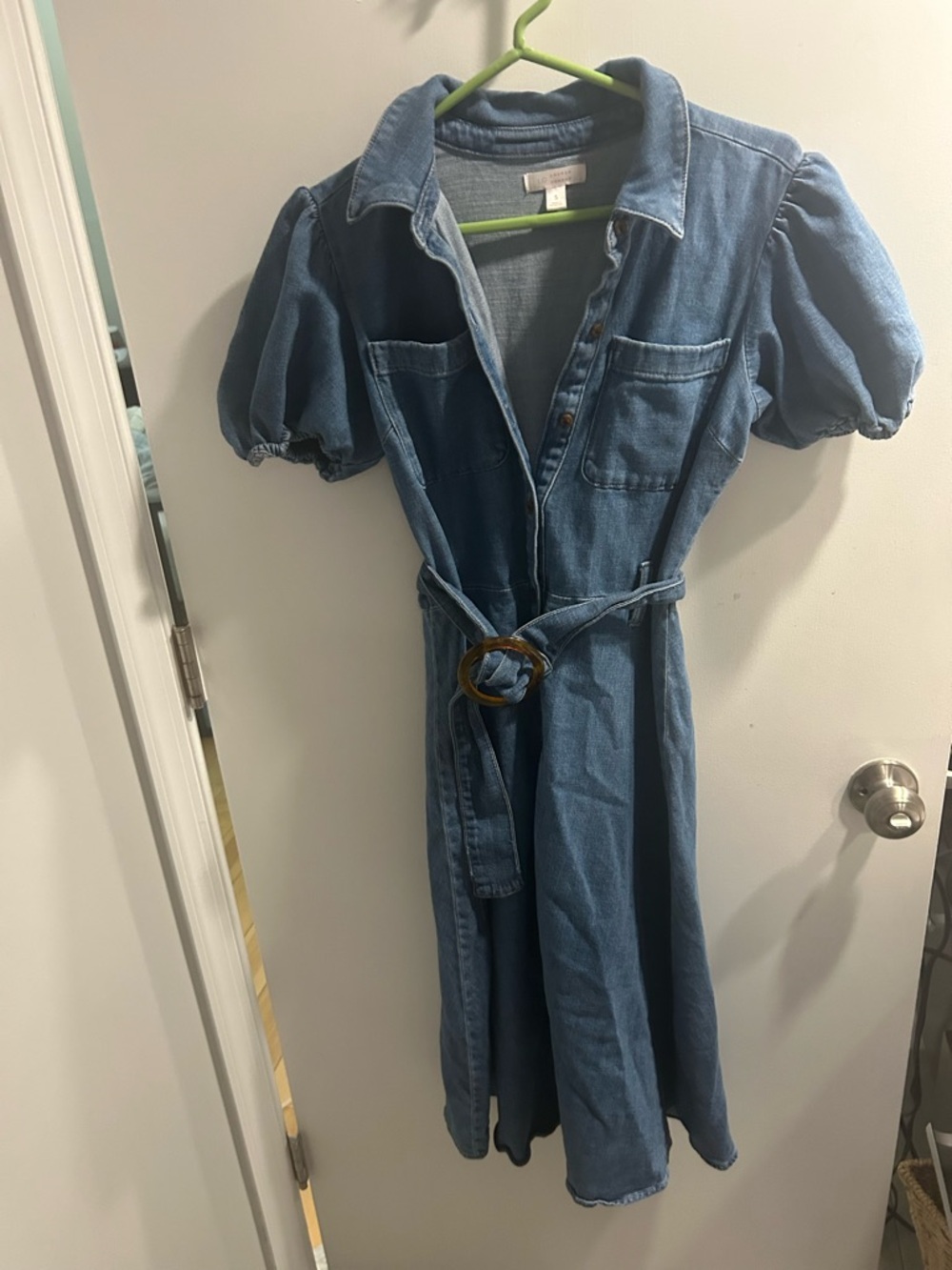 LC Lauren Conrad Blue Denim Midi Dress with Puff Sleeves and Waist Tie